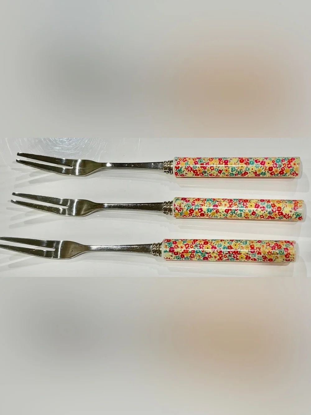 Vintage Set of 3 Sturdy, 6” Long Stainless Steel Floral Handled Appetizers Forks